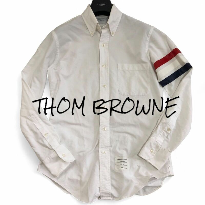 美品 Thom Browne トムブラウン トリコロールBAR ボタンダウンシャツ 長袖シャツ コットン ホワイト 白 1サイズ メンズ アイコン