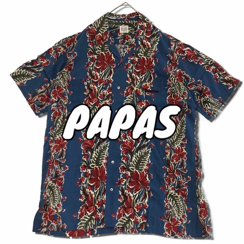 新品同様 極美品 パパス Papas アロハシャツ 開襟 稀少レーヨン100% 総柄 ハイビスカス ネイビー系 実寸L 夏 日本製