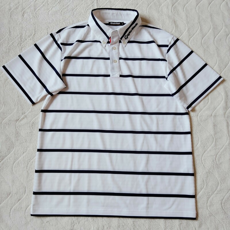 Taylor Made golf テーラーメイド ゴルフ ボーダー ドライ ポロシャツ トップス サイズL 半袖 ネイビー×白 吸汗速乾 ロゴ刺繍 美品 