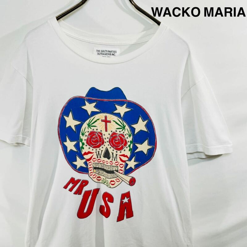 【人気デザイン】 WACKO MARIA ワコマリア Tシャツ フロントロゴ スカル柄 USA S 美品 白 半袖 マルチカラー フロントプリント ガイコツ