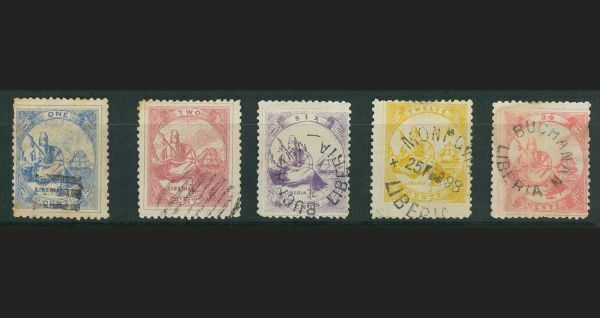 外国切手　リベリア　使用済み　1880年船と女神　5種
