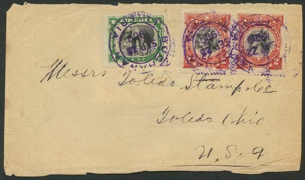 外国切手　封筒　カバー　エンタイヤ　リベリア　2種貼　米国宛　BUCHANAN SEP 1909 中継印有り