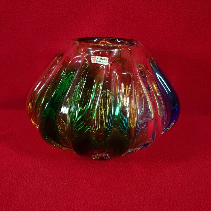 旧家 名家 蔵出し うぶ品 時代 美品 クラタ クラフト グラス KURATA CRAFT GLASS 花瓶 クリスタル GLAS フラワーベース 変形 昭和レトロ