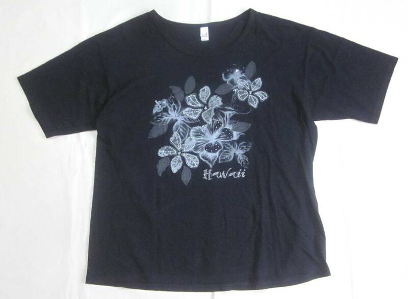 anvil アンビル Hawaii ラインストーン 刺しゅう プリント 半袖 Tシャツ 花柄 ハワイ 黒ブラック L ゆったり 6814