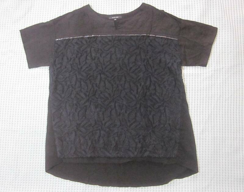 pas de calais パドカレ 日本製 リネン キュプラ 異素材 半袖 プルオーバー Tシャツ ブラウス レディース36 麻 綿 ジャガード 黒 6802