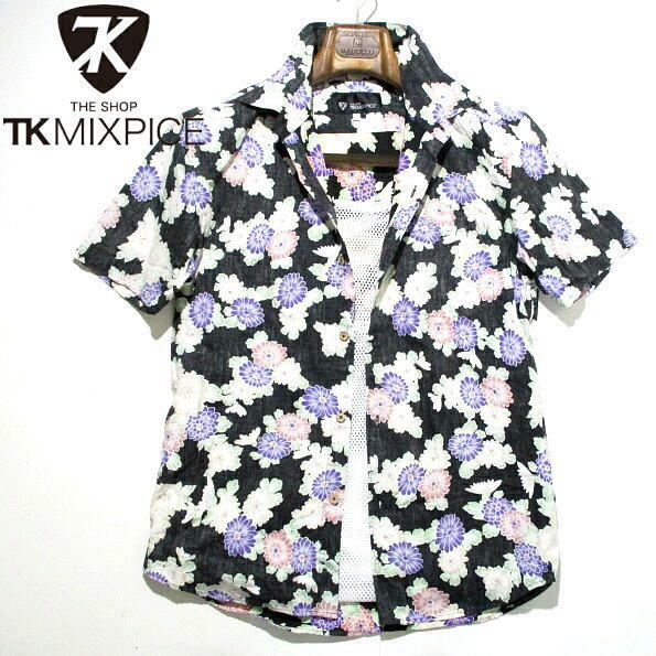 美品▼ 希少！　タケオキクチ　和柄　半袖シャツ　アロハシャツ　花柄　Lサイズ　TK MIXPICE　リバースプリント　黒　ハワイアンシャツ