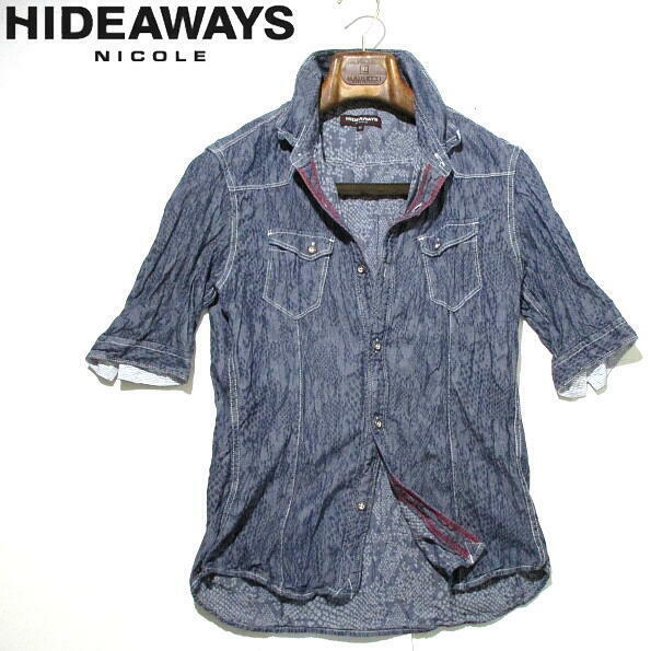 ▼ ニコル　五分袖シャツ　パイソン柄　蛇柄　HIDEAWAYS NICOLE　46　Mサイズ　クリンクル加工　シワ加工　七分袖　ネイビー　スネーク