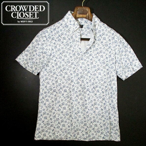 ▼ 美品！ メンズビギ　CROWDED CLOSET　総柄　小花柄　半袖ポロシャツ　花柄　MEN'S BIGI　白　ホワイト　XLサイズ　4　鹿の子 ペイズリー