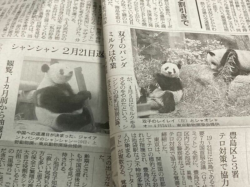 掲載記事のみ！　シャンシャン　レイレイ　シャオシャオ　双子パンダ　ジャイアントパンダ　上野動物園　朝日新聞　読売新聞　新聞記事