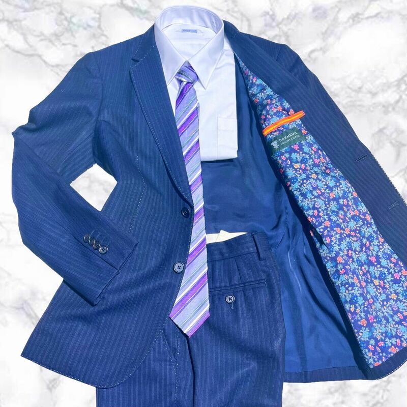 最高級生地使用◎ ポールスミス×ドーメル【希少現行タグ】PaulSmith×DORMEUIL スーツ Lサイズ 花柄◎ フラワー◎ 極光沢◎ ネイビー