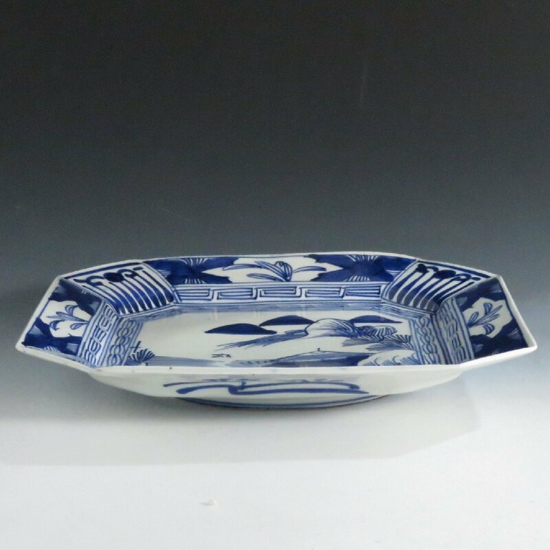 ◆◇染付 線描山水文角皿 明治期(1880年)頃 (B)◇◆食器 table ware dby9243-q