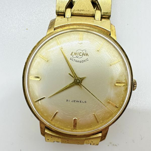 A2406-1-7 １円スタート 手動巻き　良品　稼働品　ENICAA　エニカ　ウルトラソニック　２１石　ゴールド　メンズ腕時計　アンティーク