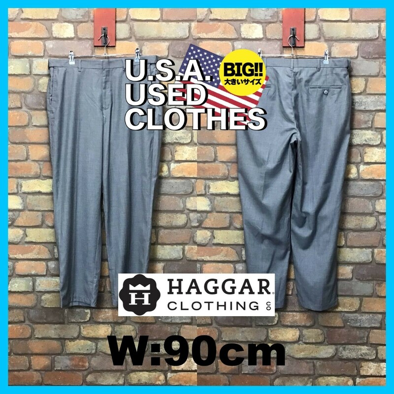 SL1-055★W90センチ位★国内未流通★BIGサイズ【HAGGAR】レーヨン混 ノータック スラックスパンツ【W36 メンズ XL】グレー ゴルフ モード