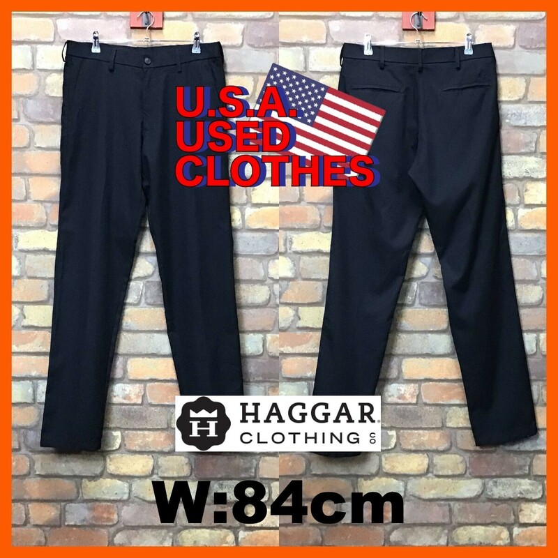 SL1-042★W84センチ位★USA直輸入★美品【HAGGAR H26】ノータック スリムフィット スラックス【W32 メンズ M】ブラック 黒パン モード Y2K