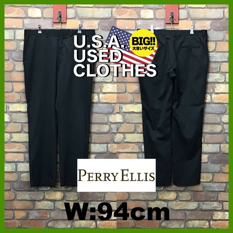 SL1-095★W94センチ位★USA直輸入★美品【PERRY ELLIS】ピンストライプ ノータック スラックス【W36 メンズ XL】濃灰色 ゴルフ アメカジ