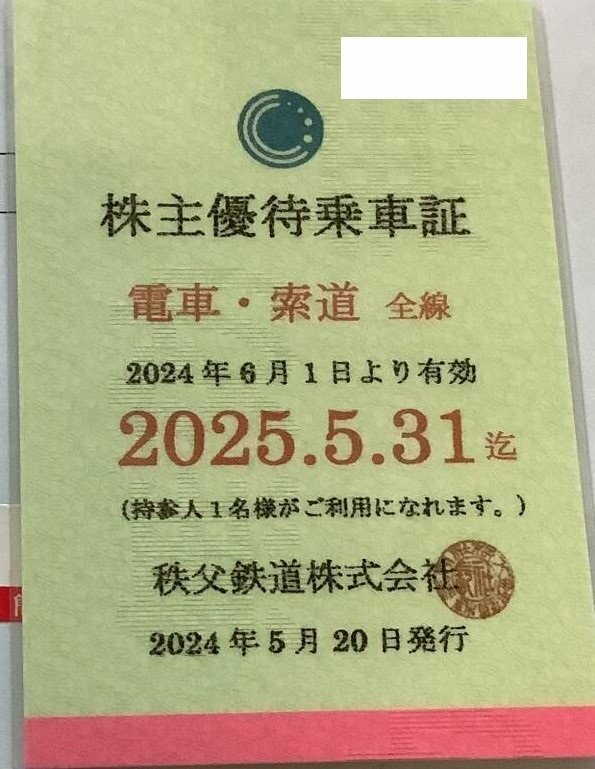 秩父　秩父鉄道　株主優待券定期型　電車・索道全線　2025/5/31まで