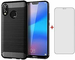 Asuwish Huawei P20 Lite ケース +【1枚強化ガラス】HWV32/ Nova 3e 炭素繊維カバー 耐衝