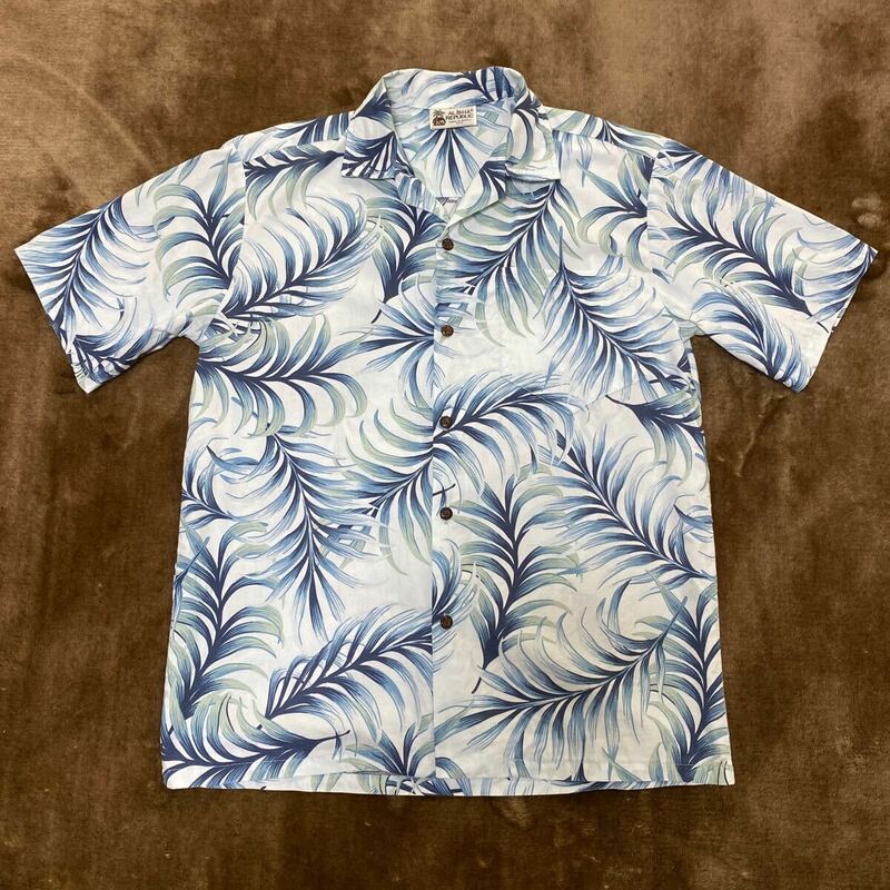  即決！送料込！アロハシャツ メンズ ALOHA REPUBLICシャインブルー/ヤシの葉柄ハワイ製青・コットン/綿ハワイ仕入Hawaii製