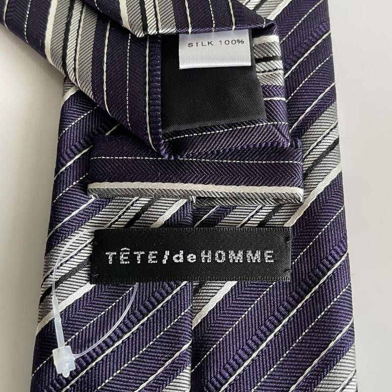 テットオム(TETE HOMME) 紫グレーストライプネクタイ 