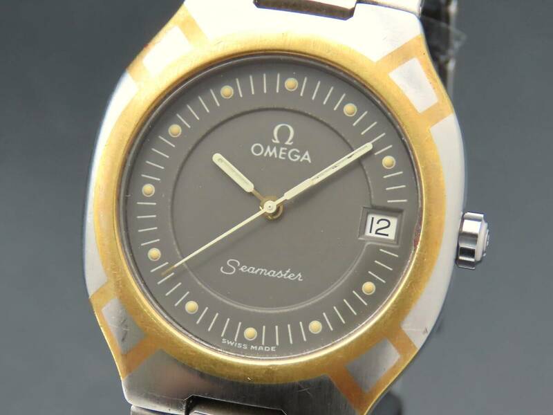 1円～! 稼動品★正規品 OMEGA オメガ シーマスター ポラリス クォーツ 純正ブレス 1455/448 デイト ヴィンテージ メンズ腕時計 SSCLG446