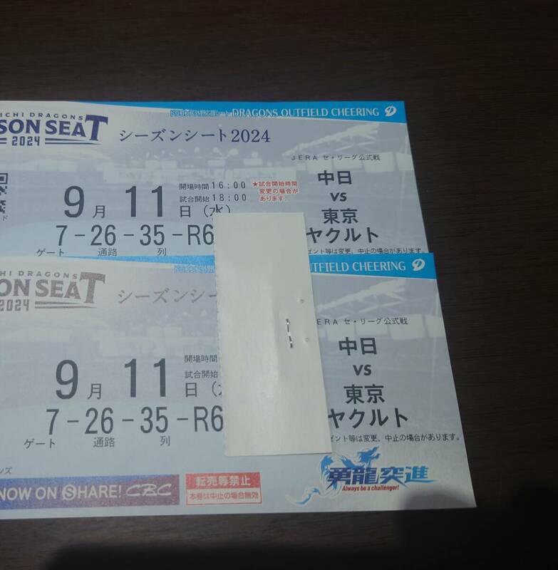 9月11日（水） 中日ドラゴンズ VSヤクルト ドラゴンズ側外野7ゲート26通路 R600番台 35列目 前通路連番 2枚