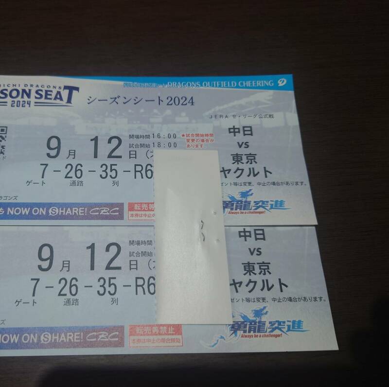 9月12日（木） 中日ドラゴンズ VSヤクルト ドラゴンズ側外野7ゲート26通路 R600番台 35列目 前通路連番 2枚