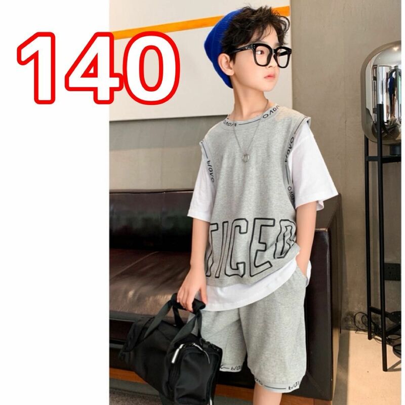 グレー 140 半袖 Tシャツ ハーフパンツ 半ズボン　男の子　2点セット　韓国セットアップ 夏服 韓国キッズ ストリート