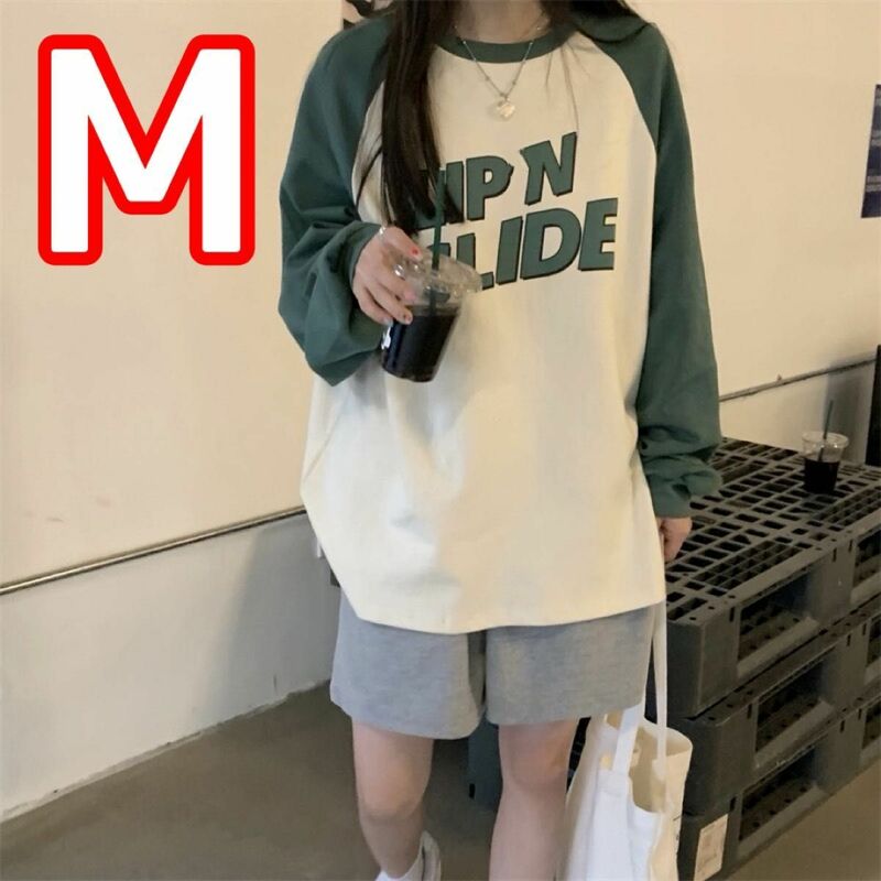 ロンT　Tシャツ　ラグラン　グリーン　M　長袖　韓国　韓国ファッション　ストリート韓国ストリート 長袖Tシャツ