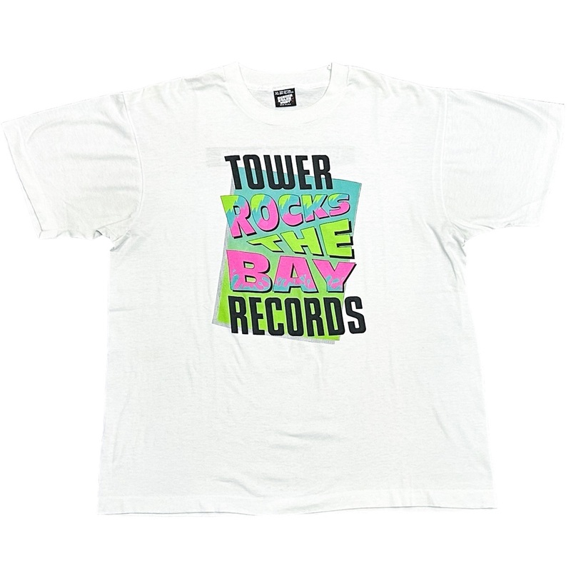 ビンテージ レア 80’s〜90`s TOWER RECORDS タワーレコード プリントTシャツ 白 size XL 企業物Tシャツ 音楽 ロックTシャツ オールド