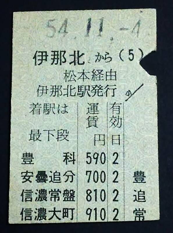 【準常備式乗車券】　★飯田線～（伊那北→信濃大町）松本経由　S54.11.4