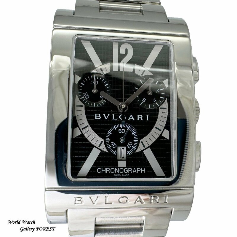 【ブルガリ BVLGARI☆レッタンゴロ RTC49S】クロノグラフ 中古 メンズ腕時計 クオーツ 黒文字盤【外装仕上げ☆AAランク】