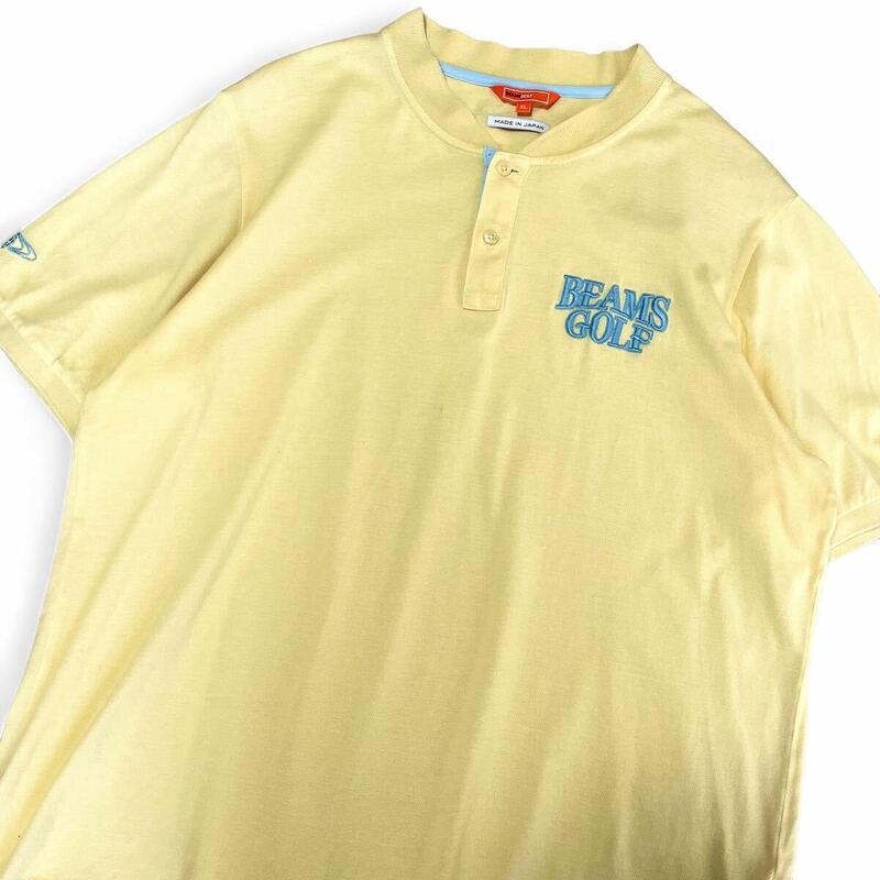 美品■BEAMS GOLF ビームスゴルフ【XL】大きいサイズ ポロシャツ ヘンリーネック 鹿の子 ゴルフウェア 刺繍ロゴ イエロー 黄色 メンズ