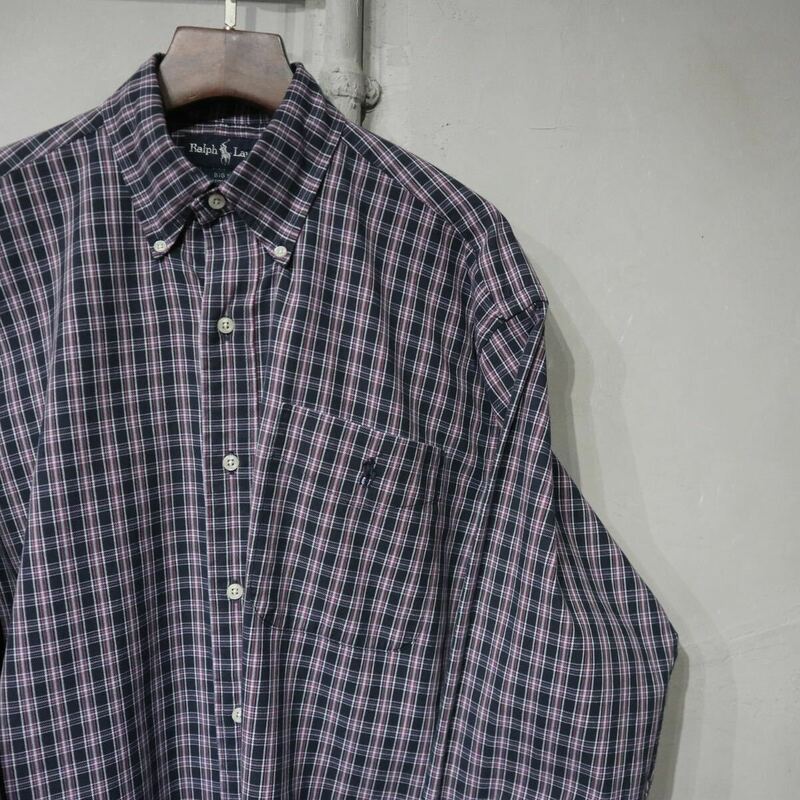 【即決】polo ralph lauren ポロラルフローレン BIG SHIRT ビッグシャツ B.D ボタンダウンシャツ チェック柄 ネイビー 古着 S