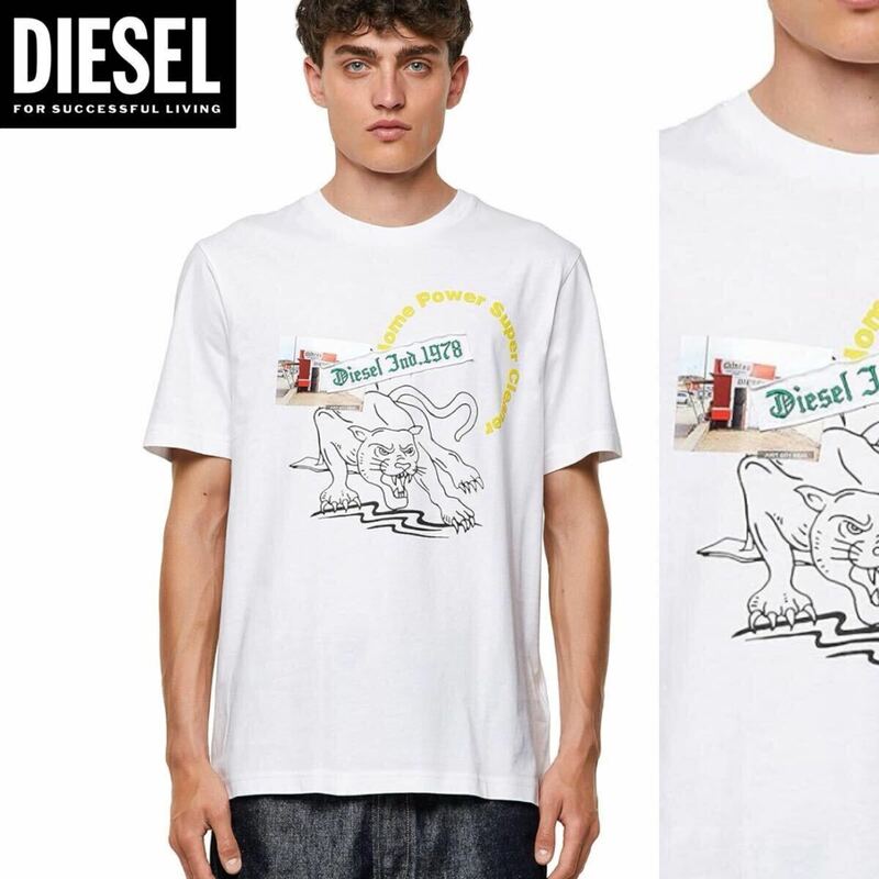 新品 未使用 タグ付き ★定価16,500円 DIESEL ディーゼル メンズ Lサイズ タイガーデザイン Tシャツ プリント 刺繍 半袖 ホワイト 20