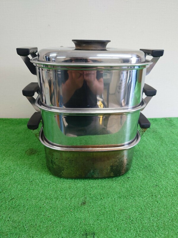 【Ob7】 蒸し器 26×26×30（cm）調理器具 角型 蒸し鍋 三段 ステンレス キッチン用品