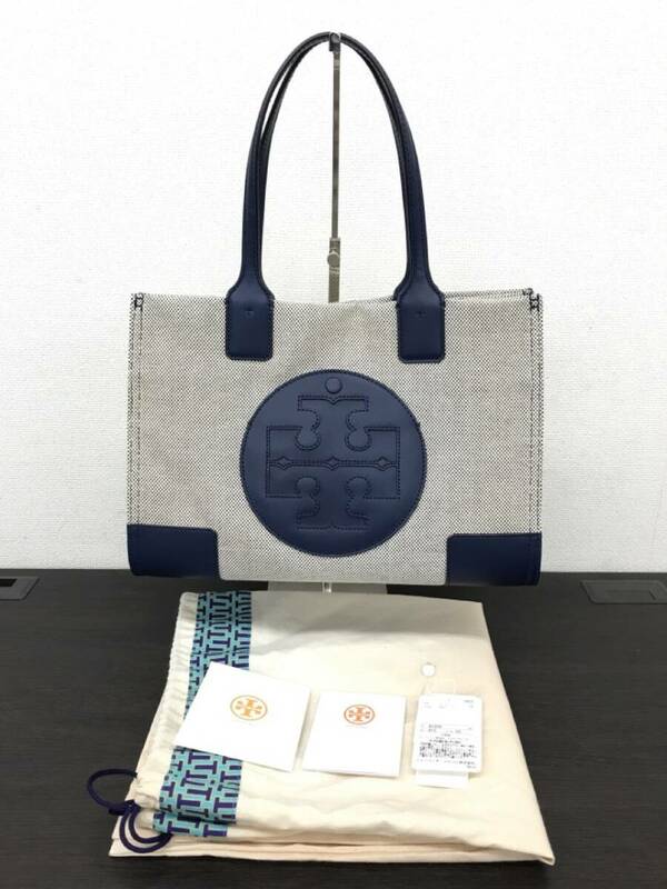 0601-130T⑦23432 トートバッグ TORY BURCH トリーバーチ 45208 ネイビー 410/OS レディース キャンバス ブランド 袋有 美品