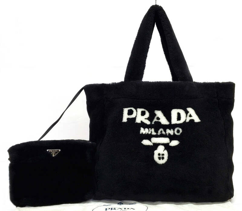 D2173◆ほぼ未使用【プラダ PRADA】ムートン トート ハンドバッグ 1BZ130◆ポーチ付 ブラック 黒