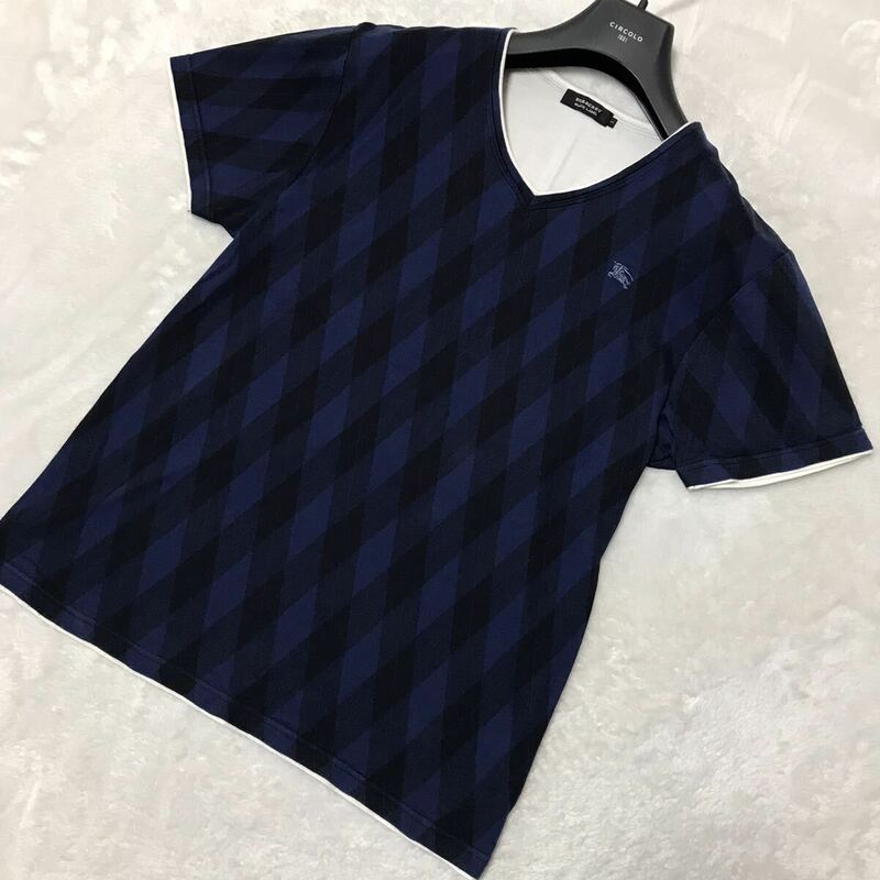 BURBERRY BLACK LABEL バーバリーブラックレーベル Tシャツ 半袖Tシャツ アーガイル ブラック　　ネイビー Lサイズ 刺繍ロゴ メンズ 