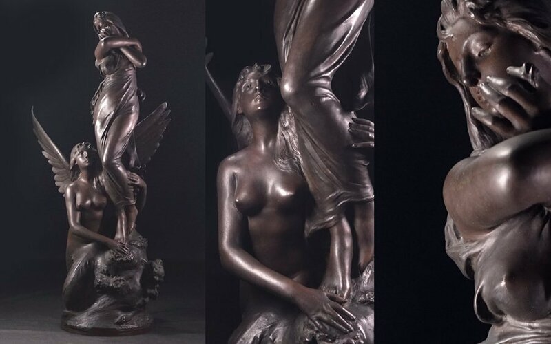 ∇花∇19世紀フランス彫刻家【H.LEVASSEUR】作 ブロンズ彫刻美人像「ヴィーナスの誕生」 H85cmの大作 西武百貨店取扱品 作品証明書付