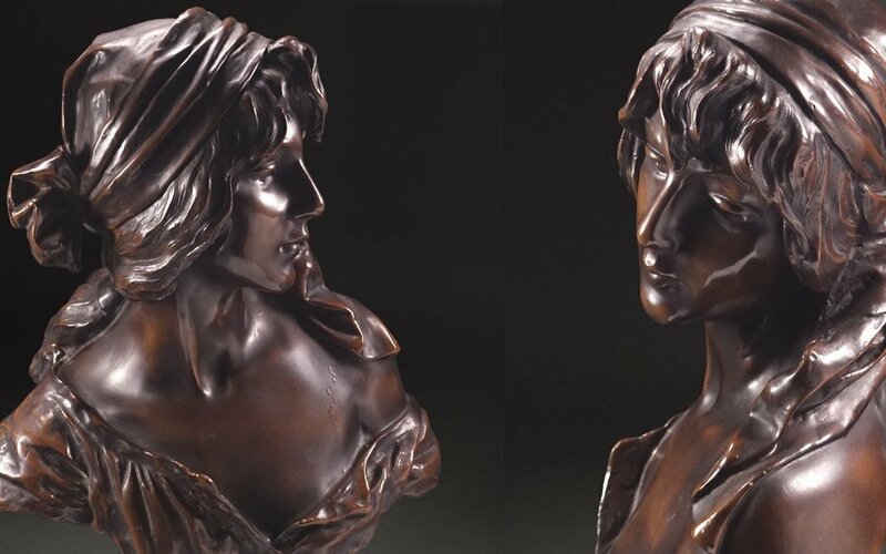 ∇花∇19世紀フランス彫刻家【エマニュエル・ヴィラニス】作 アールヌーヴォー様式 ブロンズ彫刻美人胸像「シンデレラ」 H40cm