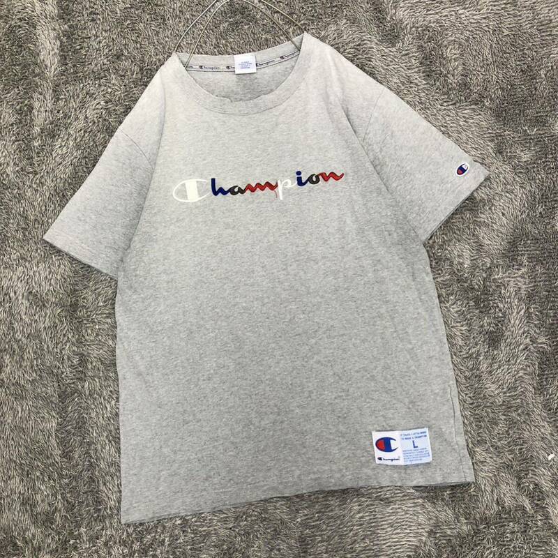 champion チャンピオン 半袖Tシャツ 半袖カットソー サイズL グレー 刺繍ロゴ コットン トリコロール メンズ トップス 最落なし （P20）