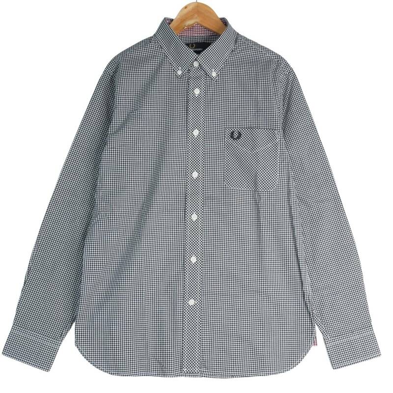 ◆美品 送料無料◆ FRED PERRY フレッドペリー ロゴ刺 長袖 ボタンダウン チェック シャツ 白 黒 メンズ S　2034F