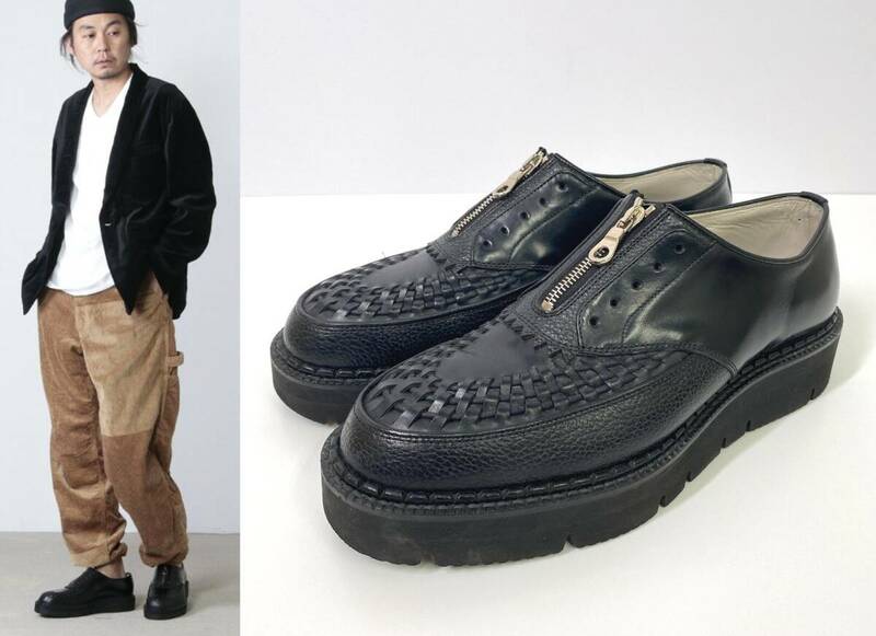 【8.5(約26.5cm)】foot the coacher フットザコーチャー CHAOS FRONT ZIP カオスフロントジップ レザーシューズ ブラック 編み込み VIBRAM