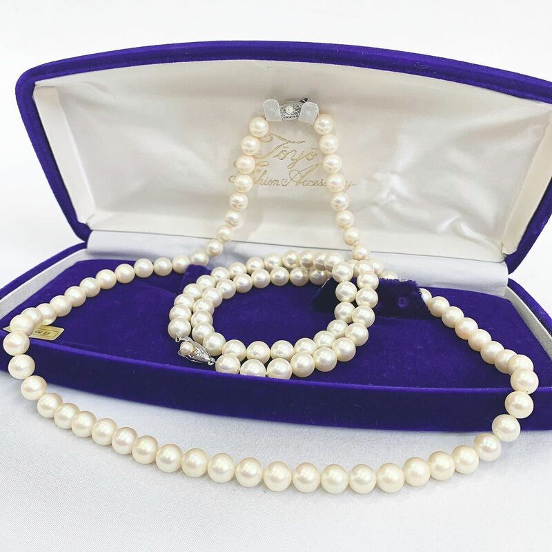 美品 アコヤ真珠 パールネックレス まとめて2点 本真珠 SILVER 留め具 アクセサリー 直径7.8-8.2mm ジュエリー ケース付 