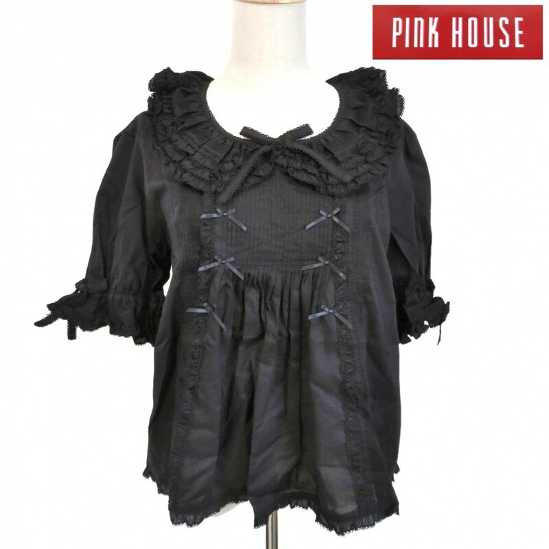 未使用 正規品 PINK HOUSE ピンクハウス ブラウス トップス 五分袖 半袖 M相当 ブラック リボン フリル タグ付き 本物保証 0614-044