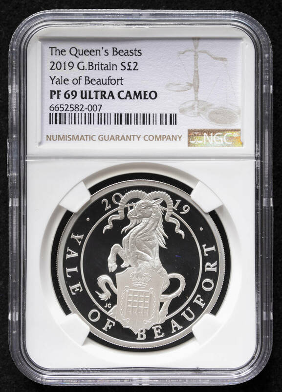 イギリス 2019 英国紋章の獣コレクション ボーフォート家のエアレー 2ポンド銀貨 1オンス プルーフ 初鋳版 NGC(PF69 ULTRA CAMEO) 元箱付