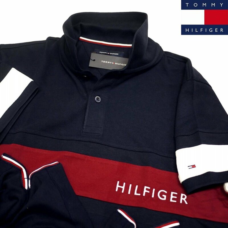 新品 トミーヒルフィガー 100％コットン 刺繍ロゴ ポロシャツ(M)ネイビー ゴルフにも！TOMMY HILFIGER USAモデル /fa3
