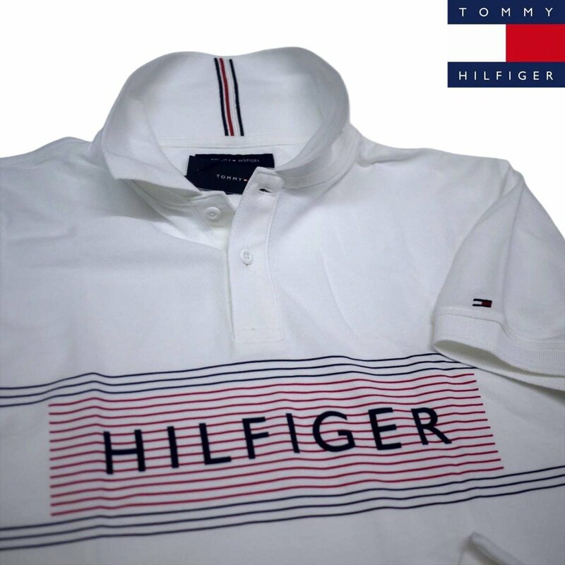 新品 トミーヒルフィガー 100％コットン 刺繍ロゴ ポロシャツ(M)ホワイト ゴルフにも！TOMMY HILFIGER USAモデル /fa5
