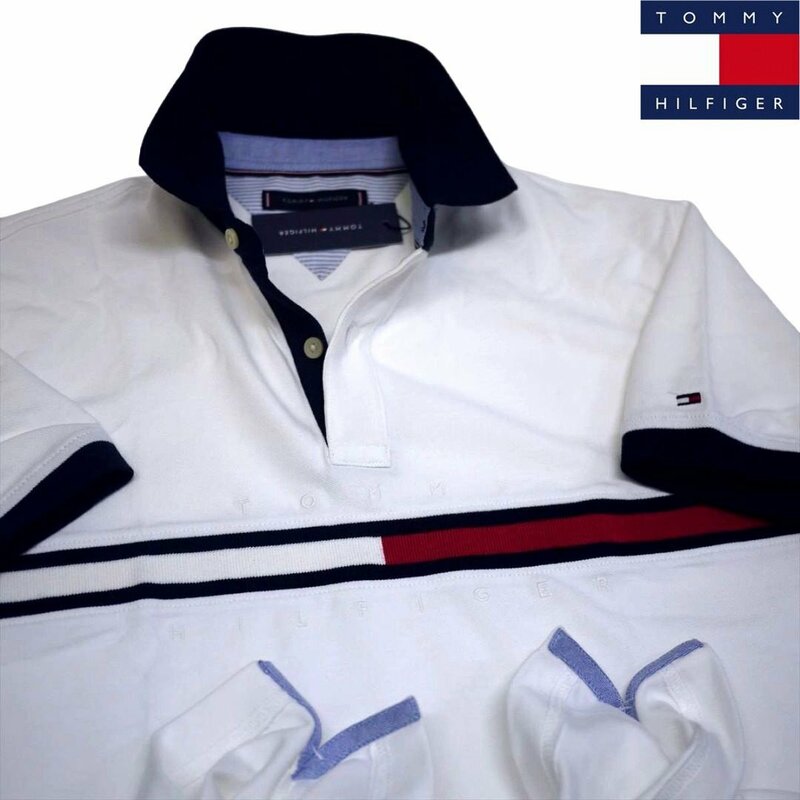 新品 トミーヒルフィガー 100％コットン 刺繍ロゴ ポロシャツ(M)ホワイト ゴルフにも！TOMMY HILFIGER USAモデル /fa9