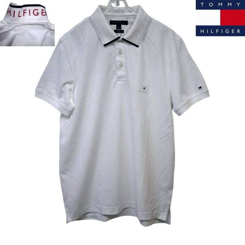 新品 トミーヒルフィガー 100％コットン 襟ロゴ ポロシャツ(M)ホワイト ゴルフにも！TOMMY HILFIGER USAモデル /fa11